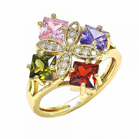 Anillo Multi Piedra 01.365.0011.08 Oro Laminado, Diseño de Flor, con Zirconia Cubica Multicolor, Pulido, Dorado