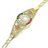 Pulsera Elegante 03.380.0084.08 Oro Laminado, Diseño de Guadalupe y Flor, Diseño de Guadalupe, con Cristal Multicolor, Pulido, Tricolor