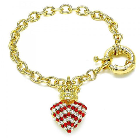 Pulsera de Dije 03.63.2211.1.08 Oro Laminado, Diseño de Corazon y Corona, Diseño de Corazon, con Cristal Granate y Blanca, Pulido, Dorado