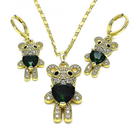 Juego de Arete y Dije de Adulto 10.196.0056 Oro Laminado, Diseño de Osito y Corazon, Diseño de Osito, con Zirconia Cubica Verde y Negro, Pulido, Dorado