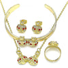 Collar, Pulso, Arete y Anillo 06.361.0033.1 Oro Laminado, Diseño de Mariquita, con Cristal Granate y Blanca, Pulido, Dorado
