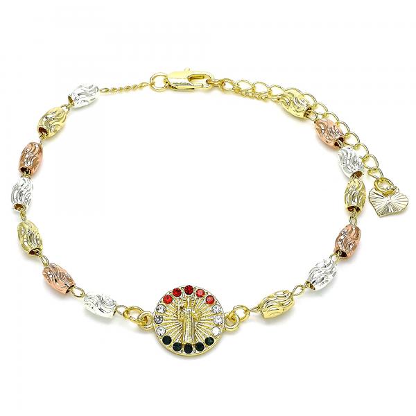 Pulsera Elegante 03.253.0057.1.07 Oro Laminado, Diseño de San Benito, con Cristal Multicolor, Diamantado, Tricolor