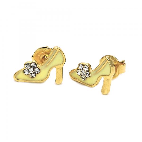 Arete Dormilona 02.64.0210 *PROMO* Oro Laminado, Diseño de Zapato y Flor, Diseño de Zapato, con Cristal Blanca, Esmaltado Amarillo, Dorado