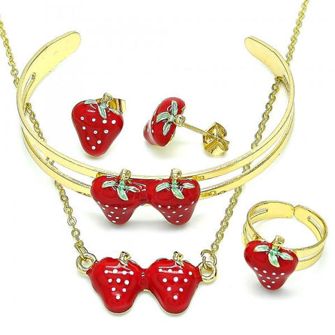 Collar, Pulso, Arete y Anillo 06.361.0026 Oro Laminado, Diseño de Fresa, Esmaltado Rojo, Dos Tonos