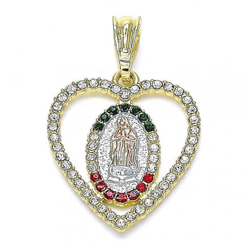 Dije Religioso 05.351.0168 Oro Laminado, Diseño de Guadalupe y Corazon, Diseño de Guadalupe, con Cristal Multicolor, Pulido, Tricolor