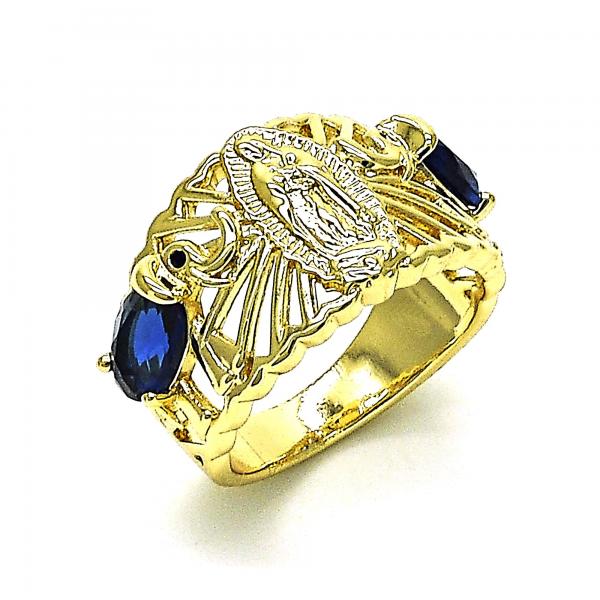 Anillo Multi Piedra 01.380.0020.1.09 Oro Laminado, Diseño de Guadalupe y Elefante, Diseño de Guadalupe, con Zirconia Cubica Zafiro Azul y Negro, Pulido, Dorado