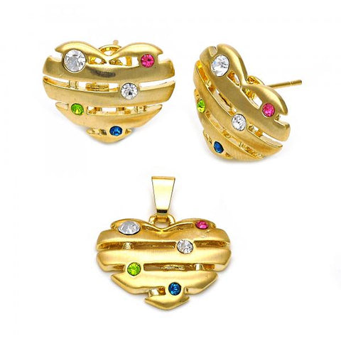 Juego de Arete y Dije de Adulto 5.047.004 Oro Laminado, Diseño de Corazon, con Cristal Multicolor, Pulido, Dorado