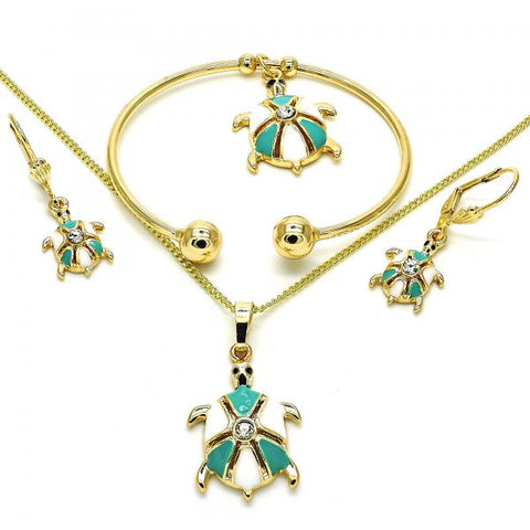 Collar, Pulso, Arete y Anillo 10.63.0589.1 Oro Laminado, Diseño de Tortuga, con Cristal Blanca, Esmaltado Turquesa, Dorado