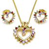 Juego de Arete y Dije de Adulto 10.316.0015.2 Oro Laminado, Diseño de Corazon, con Zirconia Cubica Multicolor, Pulido, Dorado