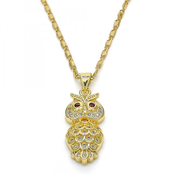 Collares con Dije 04.156.0141.20 Oro Laminado, Diseño de Buho, con Zirconia Cubica Granate y Micro PaveBlanca, Pulido, Dorado