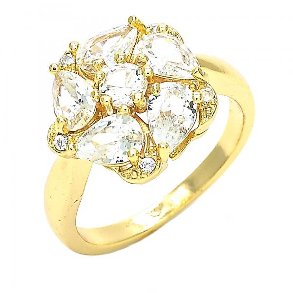 Anillo Multi Piedra 01.221.0009.06 Oro Laminado, Diseño de Flor y Gota, Diseño de Flor, con Zirconia Cubica Blanca, Pulido, Dorado