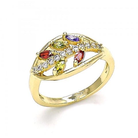 Anillo Multi Piedra 01.210.0141.07 Oro Laminado, Diseño de Oja, con Zirconia Cubica Multicolor y Micro PaveBlanca, Pulido, Dorado