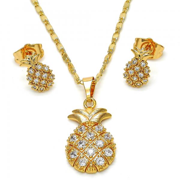 Collar y Arete 10.310.0001 Oro Laminado, Diseño de Pina, con Zirconia Cubica Blanca, Pulido, Tono Dorado
