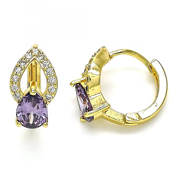 Argolla Huggie 02.210.0493.2.15 Oro Laminado, Diseño de Gota, con Zirconia Cubica Amatista y Micro PaveBlanca, Pulido, Dorado