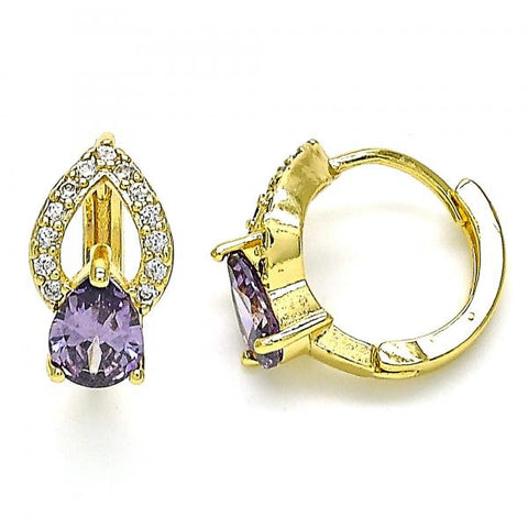 Argolla Huggie 02.210.0493.2.15 Oro Laminado, Diseño de Gota, con Zirconia Cubica Amatista y Micro PaveBlanca, Pulido, Dorado