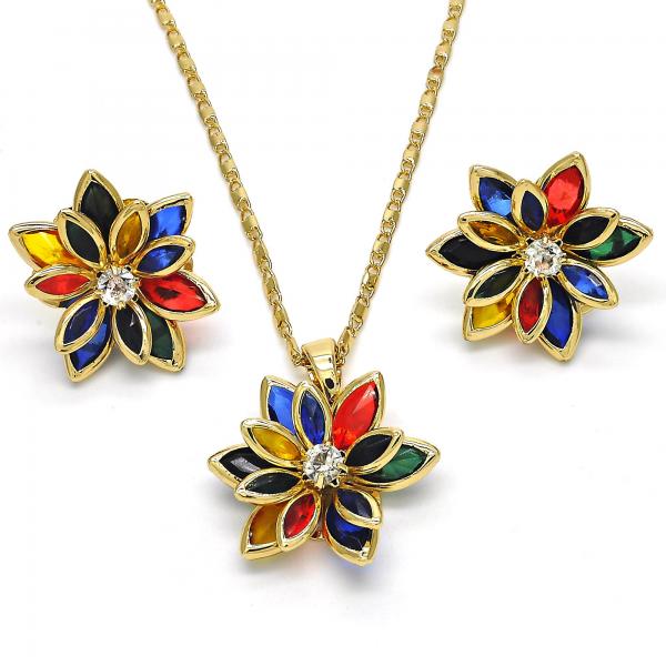 Juego de Arete y Dije de Adulto 10.64.0155.5 Oro Laminado, Diseño de Flor, con Cristal Multicolor, Pulido, Dorado