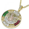 Dije Religioso 05.380.0026.1 Oro Laminado, Diseño de Moneda Centenario y Angel, Diseño de Moneda Centenario, con Cristal Granate y Verde, Pulido, Tricolor