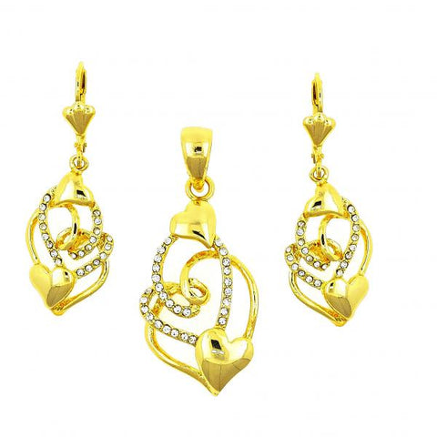 Juego de Arete y Dije de Adulto 10.160.0050 Oro Laminado, Diseño de Corazon, con Cristal Blanca, Pulido, Dorado