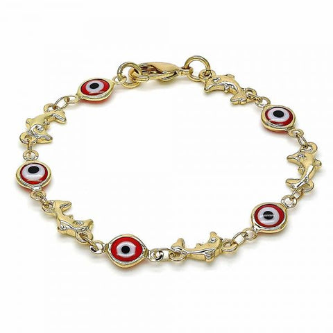 Pulsera Elegante 03.326.0009.1.06 Oro Laminado, Diseño de Ojo Griego y Delfin, Diseño de Ojo Griego, Resinado Rojo, Dorado