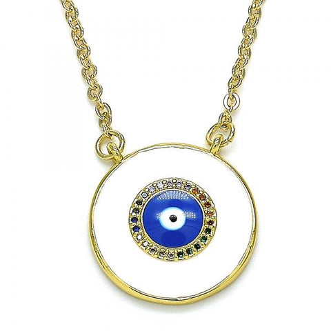 Collares con Dije 04.313.0027.18 Oro Laminado, Diseño de Ojo Griego, con Micro Pave Multicolor, Esmaltado Blanco, Dorado