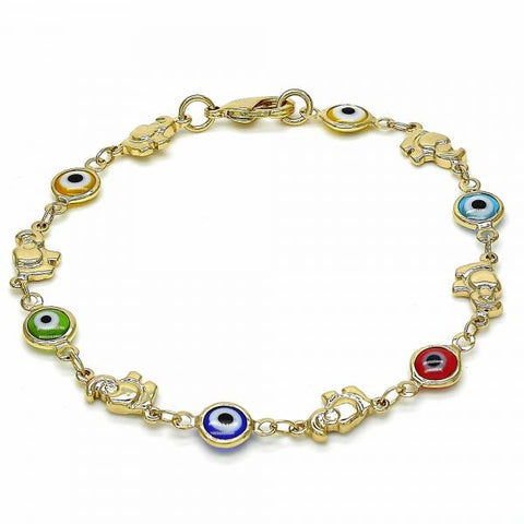 Pulsera Elegante 03.326.0010.08 Oro Laminado, Diseño de Ojo Griego y Elefante, Diseño de Ojo Griego, Resinado Multicolor, Dorado