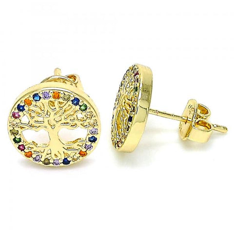 Arete Dormilona 02.156.0447.1 Oro Laminado, Diseño de Arbol, con Micro Pave Multicolor, Pulido, Dorado