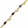 Pulsera Elegante 03.32.0224.07 Oro Laminado, Diseño de Delfin y Figaro, Diseño de Delfin, con Azavache Negro y Rojo Naranja, Pulido, Dorado