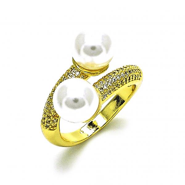 Anillo Multi Piedra 01.341.0097 Oro Laminado, con Micro Pave Blanca y PerlaMarfil, Pulido, Dorado