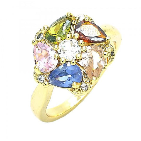 Anillo Multi Piedra 01.221.0009.1.06 Oro Laminado, Diseño de Flor y Gota, Diseño de Flor, con Zirconia Cubica Multicolor, Pulido, Dorado