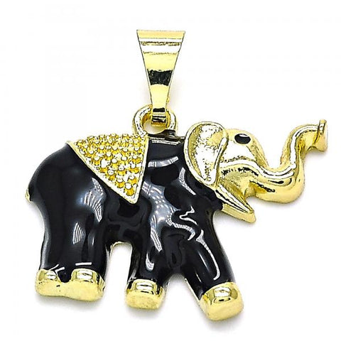 Dije Elegante 05.253.0119.2 Oro Laminado, Diseño de Elefante, Esmaltado Negro, Dorado