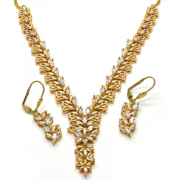 Collar y Arete 06.236.0007 Oro Laminado, Diseño de Oja, con Zirconia Cubica Blanca, Pulido, Dorado