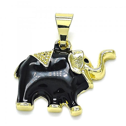 Dije Elegante 05.253.0118 Oro Laminado, Diseño de Elefante, Esmaltado Negro, Dorado
