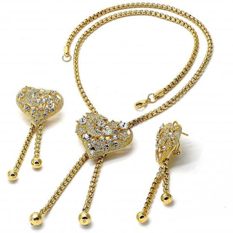 Collar y Arete 06.59.0091 Oro Laminado, Diseño de Corazon, con Cristal Blanca, Pulido, Dorado