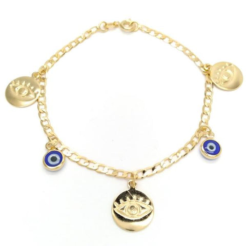 Pulsera de Dije 03.58.0045.07 Oro Laminado, Diseño de Ojo Griego y Cubana Concava, Diseño de Ojo Griego, Pulido, Dorado