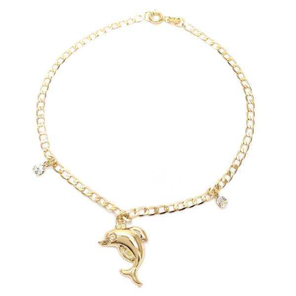 Tobillera de Dije 03.58.0021.10 Oro Laminado, Diseño de Delfin y Cubana, Diseño de Delfin, con Zirconia Cubica Blanca, Pulido, Dorado