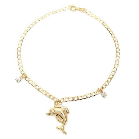 Tobillera de Dije 03.58.0021.10 Oro Laminado, Diseño de Delfin y Cubana, Diseño de Delfin, con Zirconia Cubica Blanca, Pulido, Dorado
