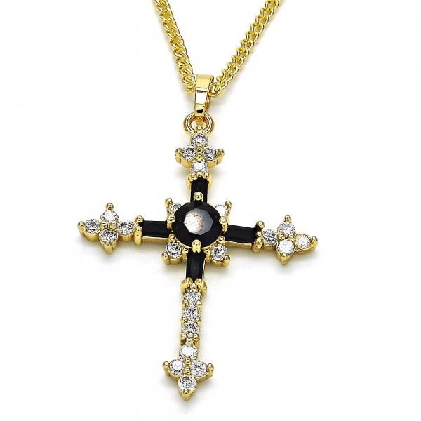 Collares con Dije 04.284.0011.2.22 Oro Laminado, Diseño de Cruz, con Zirconia Cubica Negro y Blanca, Pulido, Dorado