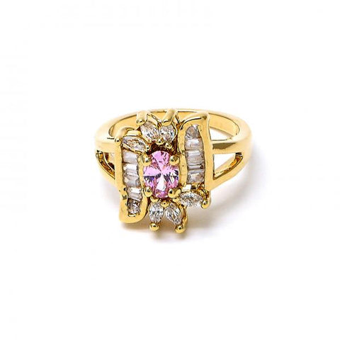Anillo Multi Piedra 5.170.003.09 Oro Laminado, Diseño de Baguette y Cluster, Diseño de Baguette, con Zirconia Cubica Fucsia y Blanca, Pulido, Dorado