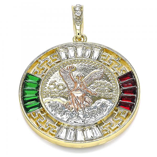 Dije Religioso 05.380.0026.1 Oro Laminado, Diseño de Moneda Centenario y Angel, Diseño de Moneda Centenario, con Cristal Granate y Verde, Pulido, Tricolor