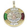 Dije Religioso 05.380.0026.1 Oro Laminado, Diseño de Moneda Centenario y Angel, Diseño de Moneda Centenario, con Cristal Granate y Verde, Pulido, Tricolor