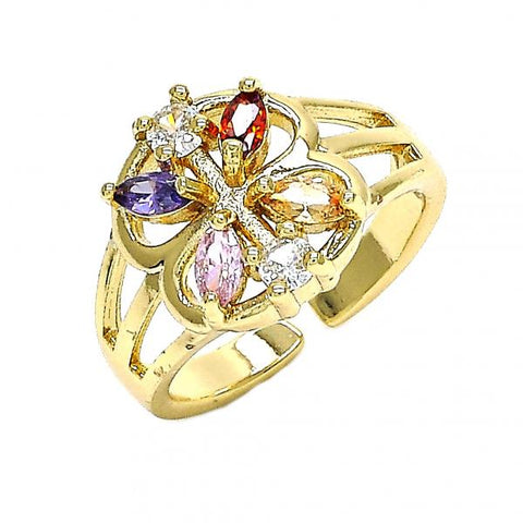 Anillo Multi Piedra 01.210.0084 Oro Laminado, Diseño de Flor, con Zirconia Cubica Multicolor, Pulido, Dorado