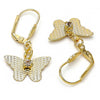 Arete Colgante 69.011 Oro Laminado, Diseño de Mariposa, con Zirconia Cubica , Diamantado, Dorado
