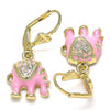 Arete Colgante 02.351.0058.5 Oro Laminado, Diseño de Elefante, con Cristal Blanca, Esmaltado Rosado, Dorado
