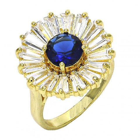 Anillo Multi Piedra 01.266.0018.2.08 Oro Laminado, Diseño de Flor, con Zirconia Cubica Zafiro Azul y Blanca, Pulido, Dorado