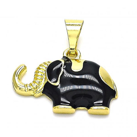 Dije Elegante 05.253.0120 Oro Laminado, Diseño de Elefante, Esmaltado Negro, Dorado