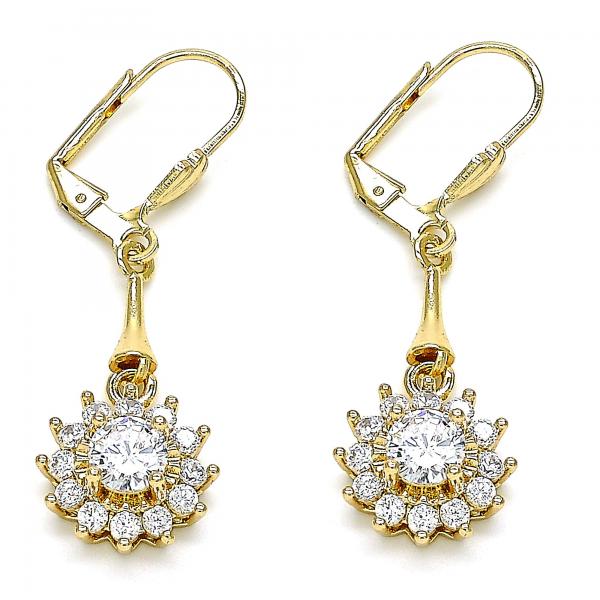 Arete Largo 02.387.0055.2 Oro Laminado, Diseño de Flor, con Zirconia Cubica Blanca, Pulido, Dorado