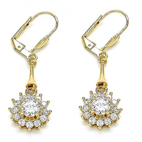 Arete Largo 02.387.0055.2 Oro Laminado, Diseño de Flor, con Zirconia Cubica Blanca, Pulido, Dorado