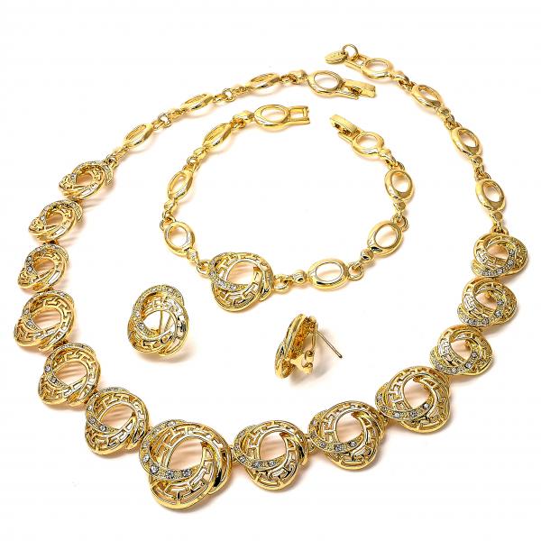 Collar, Pulso y Arete 06.59.0085 Oro Laminado, Diseño de Llave Griega, con Cristal Blanca, Pulido, Dorado