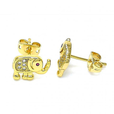 Arete Dormilona 02.342.0115 Oro Laminado, Diseño de Elefante, con Micro Pave Blanca y Rubi, Pulido, Dorado