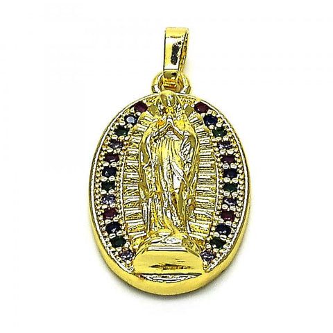 Dije Religioso 05.284.0006 Oro Laminado, Diseño de Guadalupe, con Micro Pave Multicolor, Pulido, Dorado